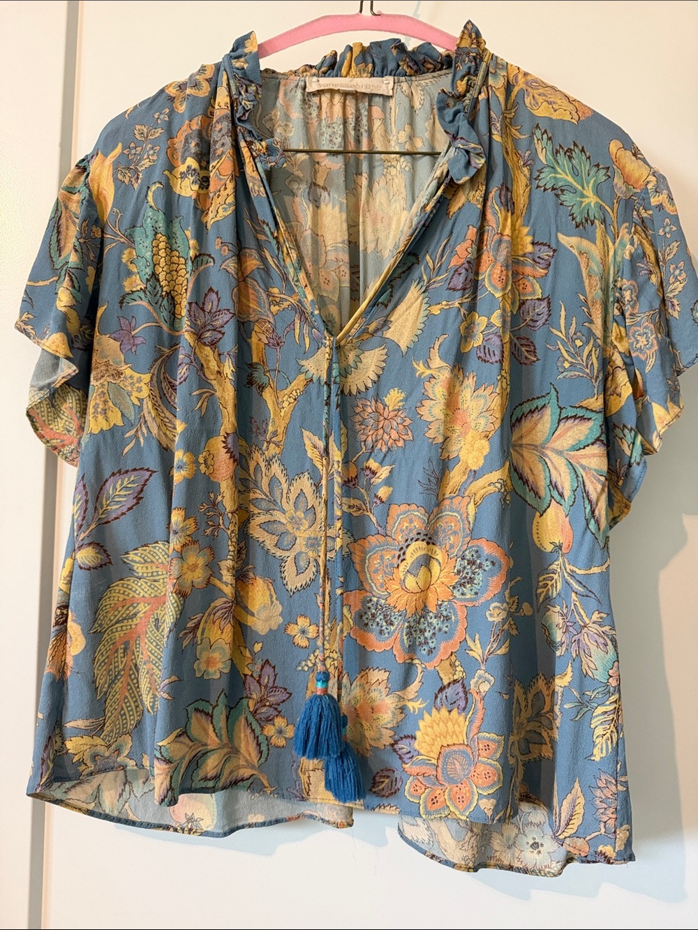 Vanessa Bruno Blue Floral Tassel V-Neck Blouse Sz 6